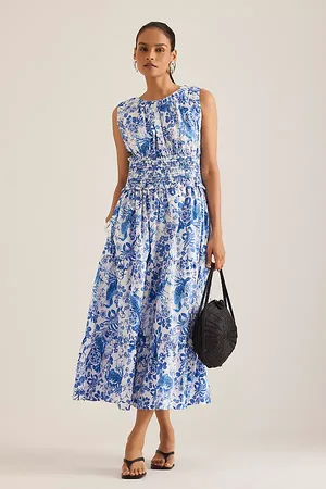 Anthropologie Sleeveless Poplin Smocked Midi Dress