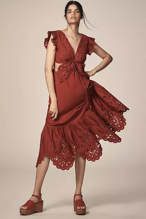 Farm Rio Butterfly Flutter-Sleeve Midi Dress