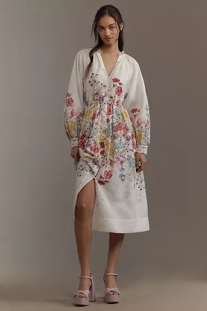 LetMeBe Long-Sleeve V-Neck Floral A-Line Midi Dress