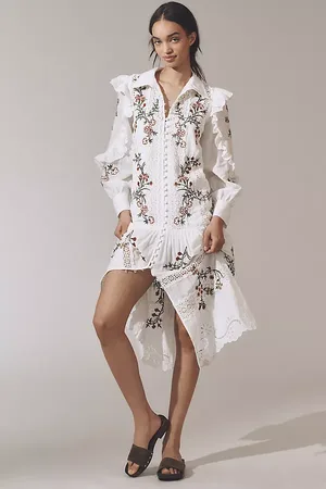 Anthropologie Long-Sleeve V-Neck Eyelet Midi Dress