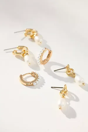 Anthropologie Pearl Huggie Earrings, Set of 3