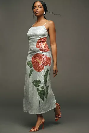 Farm Rio Sequin Anthurium Flowers Midi Slip Dress