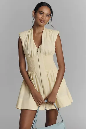 Maeve The Tommie Cap-Sleeve Smocked Front-Zip Shirt Dress: Mini Edition