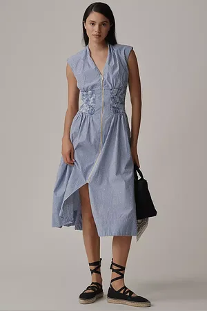 Maeve The Tommie Cap-Sleeve Smocked Front-Zip Shirt Dress: Shine Edition