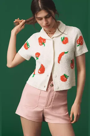 Maeve X Dylan Mierzwinski Short-Sleeve Jacquard Polo Cardigan