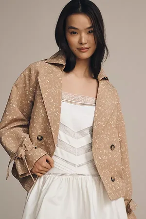 Anthropologie Floral Cutwork Cropped Trench Jacket