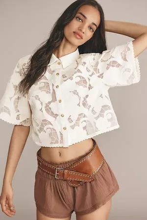 Maeve Short-Sleeve Lace Buttondown Surf Shirt