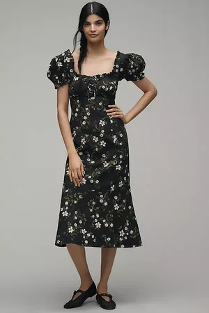 Maeve Linen Blend Puff-Sleeve Sweetheart Midi Dress