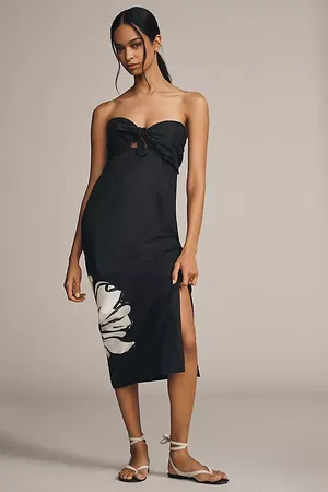 Maeve Strapless Linen Twist Button-Front Maxi Dress