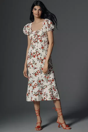 Maeve Linen Blend Puff-Sleeve Sweetheart Midi Dress