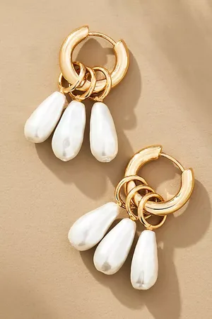 Anthropologie Triple Pearl Charm Huggie Earrings