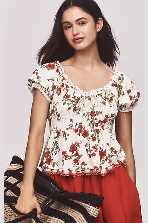 Maeve Short-Sleeve Sweetheart-Neck Peplum Top