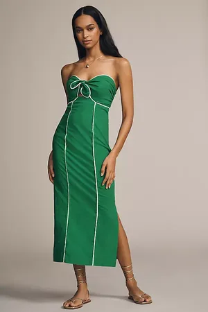 Maeve Strapless Linen Twist Button-Front Maxi Dress