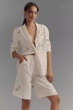 Anthropologie Linen Embroidered Relaxed Bermuda Shorts