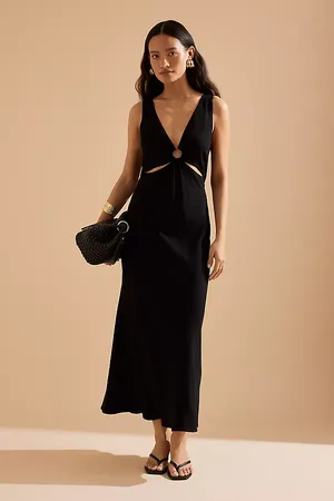 Anthropologie Lola V-Neck Linen-Blend Midi Dress