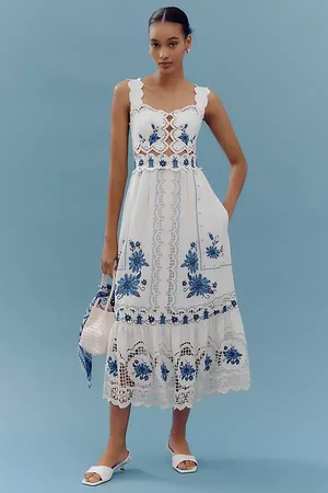 Farm Rio Cross-Stitch Richelieu Linen Dress