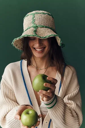 Anthropologie Straw Piped Bucket Hat