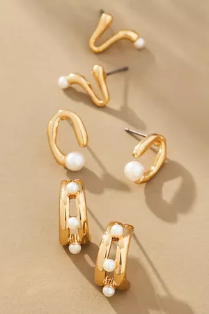 Anthropologie Pearl Huggie Hoop Earrings, Set of 3