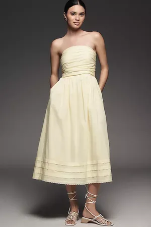 WAYF Cotton Strapless Pleated Midi Dress