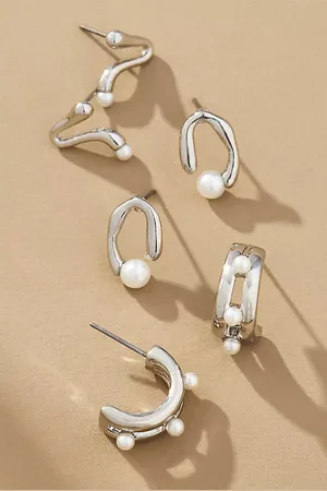 Anthropologie Pearl Huggie Hoop Earrings, Set of 3