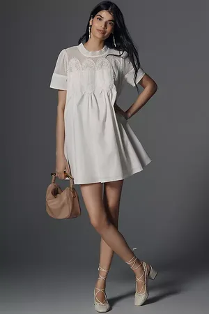 EN ELLY Lace Short-Sleeve Mini Babydoll Dress