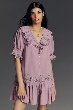 Anthropologie Linen Puff-Sleeve V-Neck Tunic Mini Dress