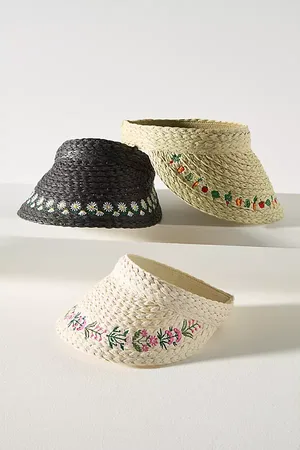 Anthropologie Mini Icon Embroidered Straw Visor