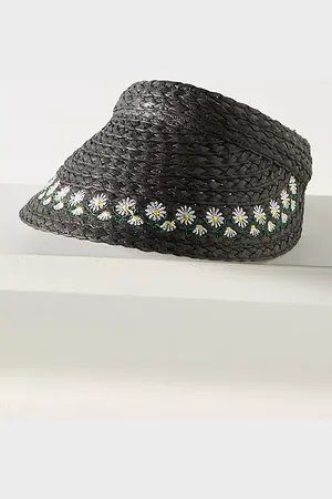 Anthropologie Mini Icon Embroidered Straw Visor