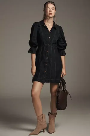 Anthropologie Puff-Sleeve Denim Mini Shirt Dress