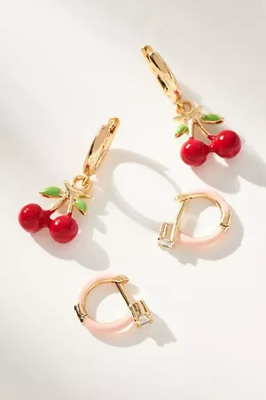 Anthropologie Fruit Charm Huggie Hoop Earrings, Set of 2