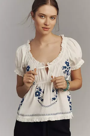 Anthropologie Puff-Sleeve Embroidered Babydoll Top