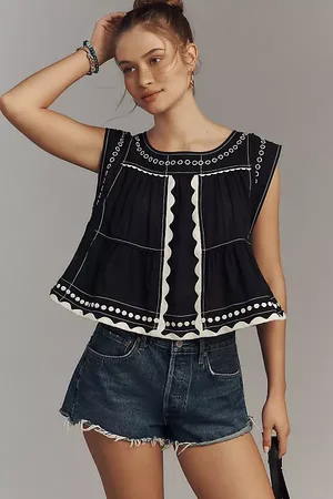 Anthropologie Embellished Graphic Babydoll Top