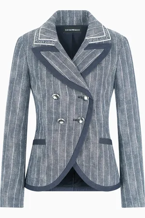 Emporio Armani Pinstriped denim-effect linen and cotton blend double-breasted blazer