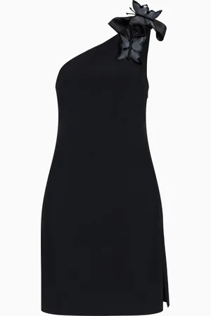 Emporio Armani Butterfly one-shoulder dress in a fluid technical fabric with an oversized bow and brooches