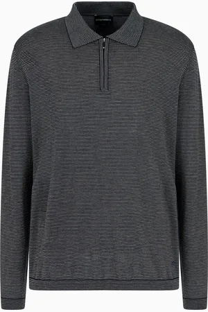 Emporio Armani ASV wool and Lyocell blend polo-collar jumper with jacquard micro stripes