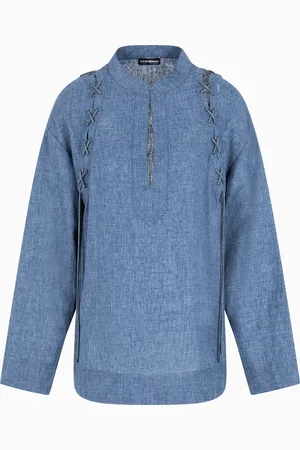 Emporio Armani Mélange linen blend blouse with guru collar and tie details