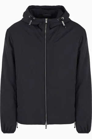 Emporio Armani Nylon jacket with hood and zip, with all-over jacquard eagle