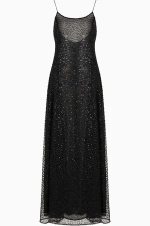 Emporio Armani Long tulle dress with all-over micro-sequin and jet embroidery