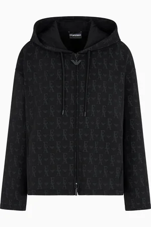 Emporio Armani Double-jersey hooded zip-up sweatshirt with all-over lettering