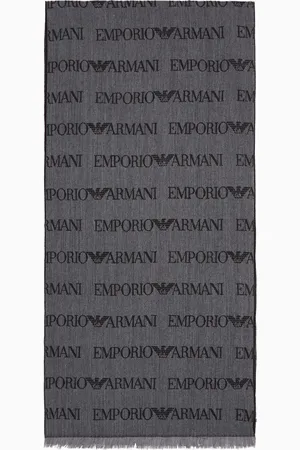 Emporio Armani Virgin-wool blend scarf with jacquard logo lettering and fringes