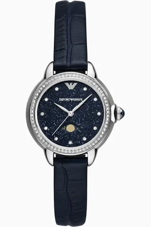 Emporio Armani Three-Hand Moonphase Blue Leather Watch