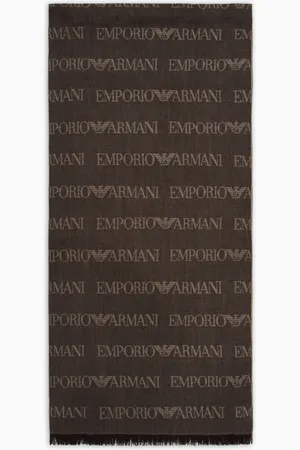 Emporio Armani Virgin-wool blend scarf with jacquard logo lettering and fringes