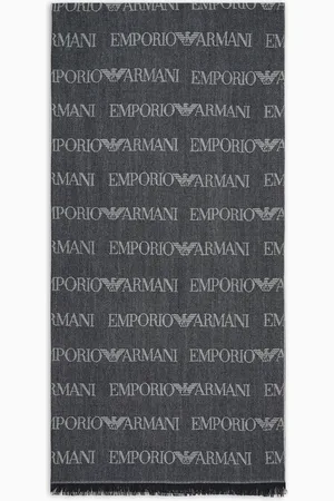 Emporio Armani Virgin-wool blend scarf with jacquard logo lettering and fringes