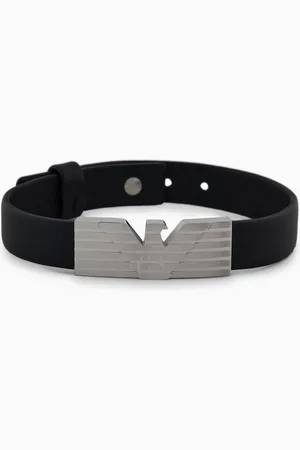 Emporio Armani Stainless Steel and Black Leather Strap ID Bracelet
