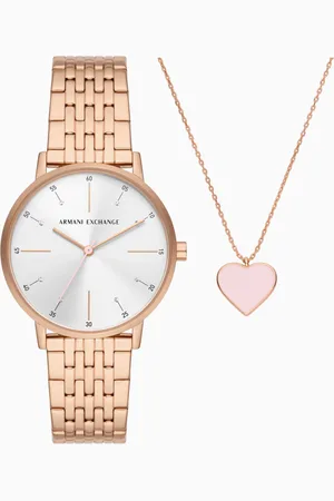 Armani Exchange Three-hand watch and necklace set in rose gold-tone stainless steel