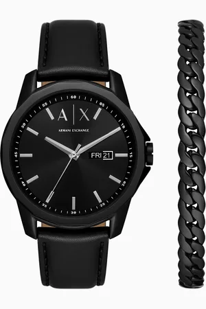 Armani Exchange Black leather watch with three-hand date display and black stainless steel bracelet