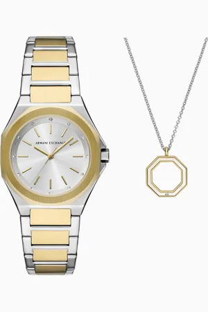 Armani Exchange Three-Hand Two-Tone Stainless Steel Watch and Necklace Set