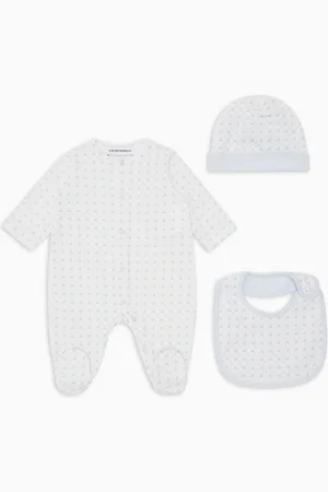 Emporio Armani Jersey onesie, bib and beanie gift set with op-art eagles