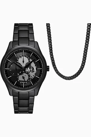 Armani Exchange Multifunction Black Stainless Steel Watch and Necklace Set