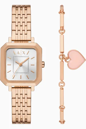Armani Exchange Three-Hand Rose Gold-Tone Stainless Steel Watch and Bracelet Set
